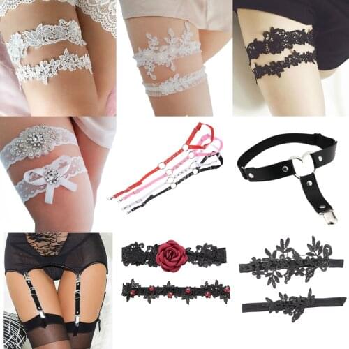 2pcs/Set Rhinestone White Wedding Garters Lace Embroidery Floral Sexy Garters Thigh Ring Bridal Leg Garter For Women/Bride