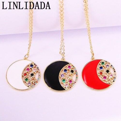 8Pcs Fashion Necklace Enamel CZ Charm Round Pendant Necklaces Gold Color Jewelry For Women Girls