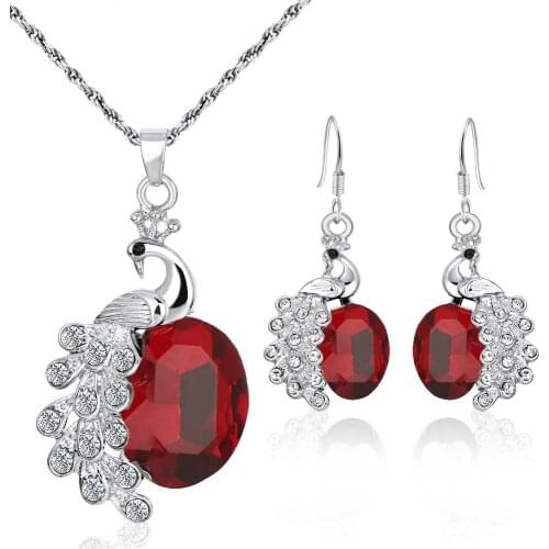 MIQIAO Peacock Full Zircon Pendant Necklace Drop Piercing Earrings Jewellery Set for Women Girls Friends Gift Party Fashion Boho