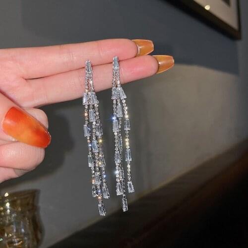 Korean fashion design diamond zircon geometric tassel earrings net red temperament earrings