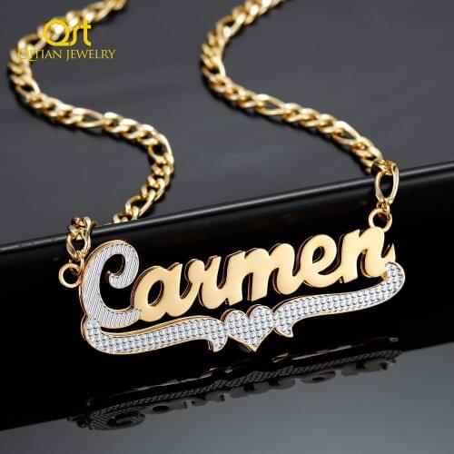 Customized Double Layer Two Tone Heart Nameplate Personalized Custom Gold Plated Stainless Steel Name Necklace Jewelry For Women