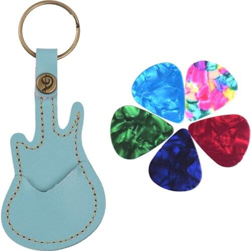 Leather Guitar Picks Holder Case Bag Guitar Shape with Key Ring 5pcs Celluloid Guitar Picks String Instrument Accessories