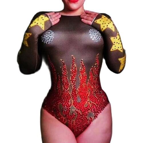 Mesh Gauze Backless Sexy Bodysuit Flame Star Pattern Printing Rhinestones Bodycon Stage Wear Lady Party Evening Dance Costume