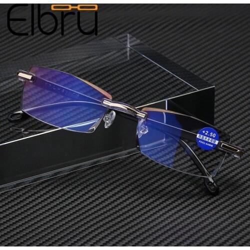 Elbru Anti Blue Light Blocking Rimless Reading Glasses Women Men Square Frameless Presbyopic Glasses Diopters +1.0 1.5 2 2.5 4.0