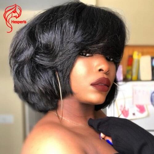 Hesperis 250 Density Yaki Bob Pixie Cut Wigs With Bangs Full Machine Made Short Human Hair Wigs With Bang For Black Women