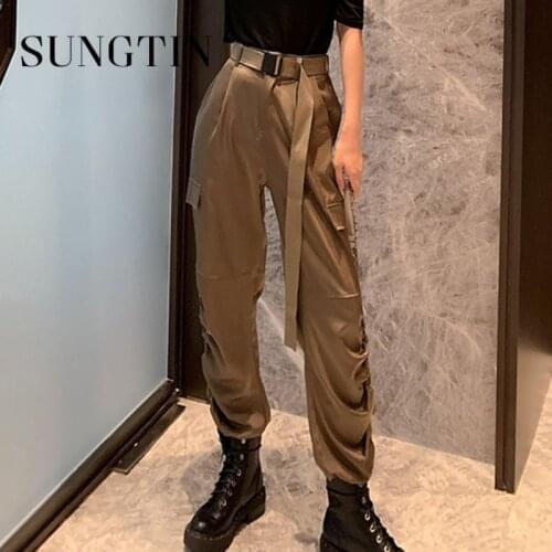 Sungtin Casual Korean Fashion High Waist Cargo Pants Women Loose Pocket Shirring Vintage Pants Chic Streetwear BF Pants 2021 New