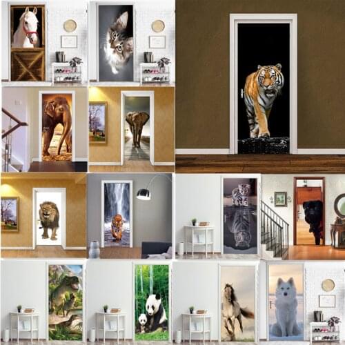 Animal PVC Wallpaper Self-adhesive 3D Door Sticker Tiger Horse Elephant Panda Mural Removable Home Decor Decal DIY deur sticker