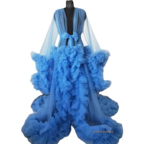 Blue Tulle Maternity Dress Ruffles A Line Maternity Gown for Photoshoot Boudoir Lingerie Bathrobe Nightwear Babydoll Robes