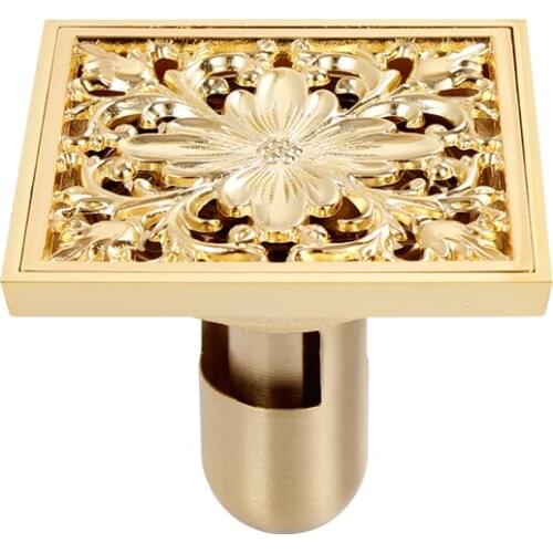 Bathroom Floor Drain Odor Proof Floor Drain Solid Brass 10 x 10cm Gold Carved Square Shower Drainer 4 Inches Free Shipping