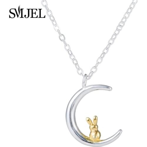 SMJEL Tiny Cute Bunny Rabbit Sitting on Crescent Moon Necklace Pendant Animal Rabbit Jewelry Birthday Gifts Girl bijoux SYXL098
