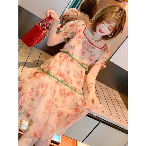 Beaded party brought new printed gauze dress female romantic summer