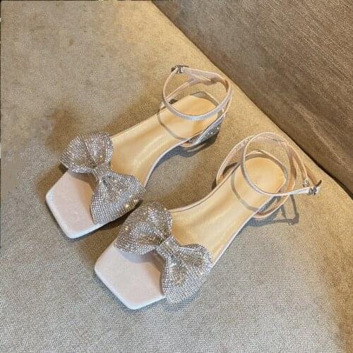 Women Summer Shoes Career Sandals Female Chaussure Low Heels Ladies Squared Toe Sandalias New Bow Knot Sandles Crystal Fashion