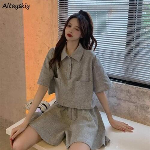 Sets Women Casual Solid Crop Tops Harajuku Summer High Wait Wide Leg Trousers Workout Shorts Fashion Two-piece Outfits College