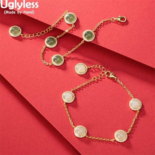 Uglyless Simple Round Gemstone Dress Jewelry Sets for Women Agate Jade Bracelets Earrings MINI Studs Zircons Crystals 925 Silver