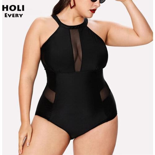 Women Black Plus Size One piece Swimsuit 2019 Female Mesh Swim One-piece Bathing Suit Monokini Fused 1 Large Swimwear Bather May