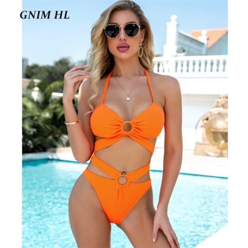 GNIM Bandage Backless Swimsuit Women One Piece Solid Color High Waist Swimwear Push Up Hollow Out Swim Bathing Suit Biquini New