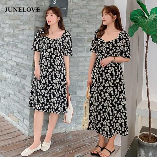Dress Lantern Sleeve Summer Plus Size 4XL Daisy Printed A-line Womens Elegant Sexy Casual Korean Style Fashion Ulzzang Chic New