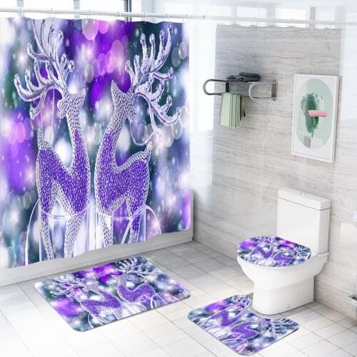 4 Pieces Merry Christmas Shower Curtain Set Diamond Sika Deer Bath Sets 3D Print Happy New Year Carpet For Bathroom Bathroom Set