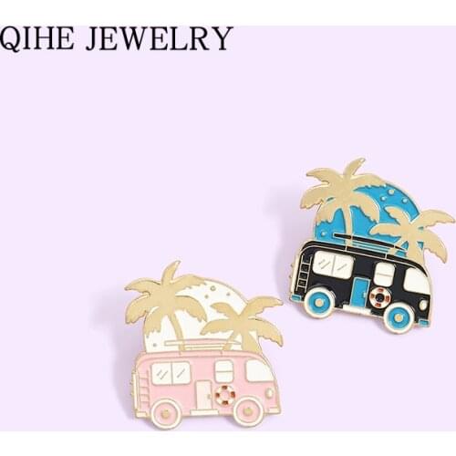 Bus Camper Enamel Pin Motorhome Journey Badge World Travel Beach Palm Trees Lapel Pin Wholesale Cartoon Brooch For Friends Kids