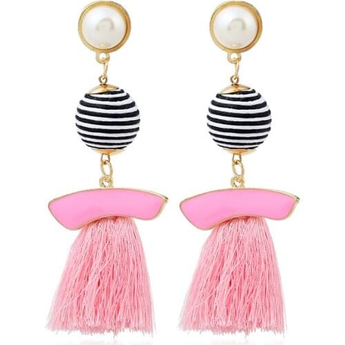 Bohemian Ethnic Fashion Stripe Ball Tassel Earrings For Women Red Black Pink Big Long Simulated Pearl Drop Statement Earrings
