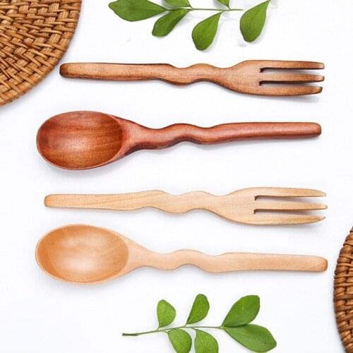 Wooden Fork Spoon Wavy Shape Dessert Fork Spoon Portable Travel Spoon Reusable Food Fork Spoon Kitchen Accessories