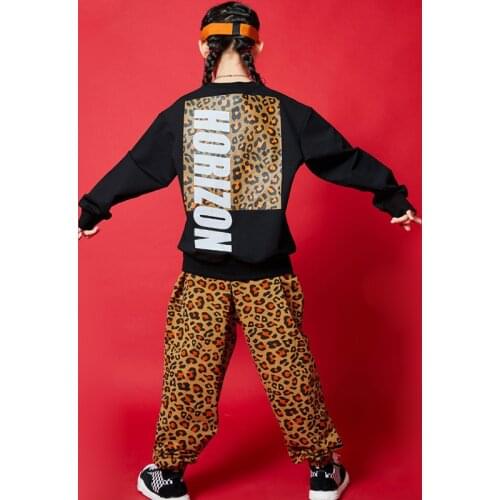 Kid Hip Hop Clothing Black Sweatshirt Crop Top Long Sleeve Leopard Print Streetwear Pants for Girls Boys Dance Costume Clothes
