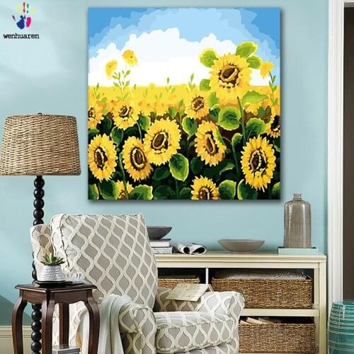 DIY colorings pictures by numbers with colors Blue sky sunflower Flower sea picture drawing painting by numbers framed Home