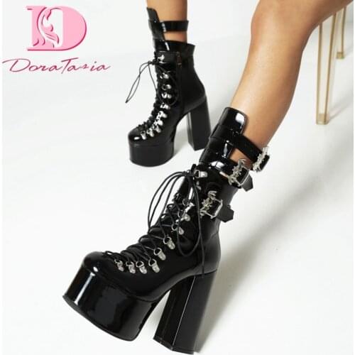 DoraTasia Mature Sexy Fashion Womens Mid Calf Boots Platform Thick High Heels Buckle Booties Women New Motorcycle Cool Shoes