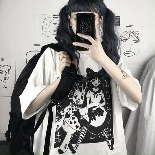 Oversized T Shirt Harajuku Aesthetic Gothic Punk Cartoon Short Sleeve O-Neck Tops Women T-Shirt Summer Loose Tees Street Clothes