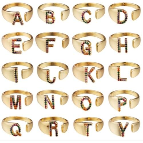 Hot Sale Adjustable A-Z Initial Ring Bohemian Copper Zircon Rainbow Letter Ring for Women Girls Party Wedding Jewelry Gift