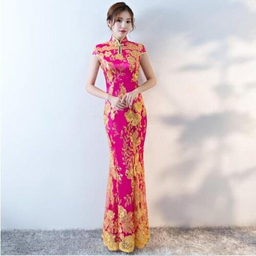 Chinese Style Stand Collar Sleeveless Bag Hip Fishtail Maxi Dress Retro Embroidery Sequins Lace Ladies Stage Host Clothing