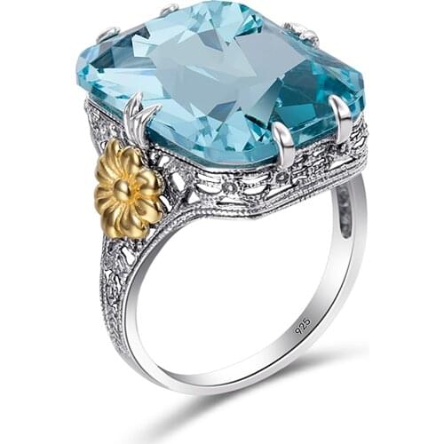SDOOU Blue Stone Aquamarine Crystal Ring Big Stone Flower 925 Solid Sterling Silver Ring For Woman Classic Vintage Jewelry