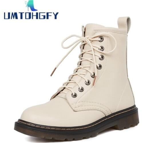 REVT 41 42 43 Spring Autumn Leather Martin Boots Womens Flat Single Martin Boots Women Boots Knight Military Boots Lace 3color