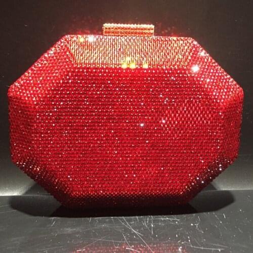 Red Diamond Geometric Patterns Bridal Phone Chain Handbags Best Designer Ladies Crystal Mini Minaudiere Party Nightclub Purse