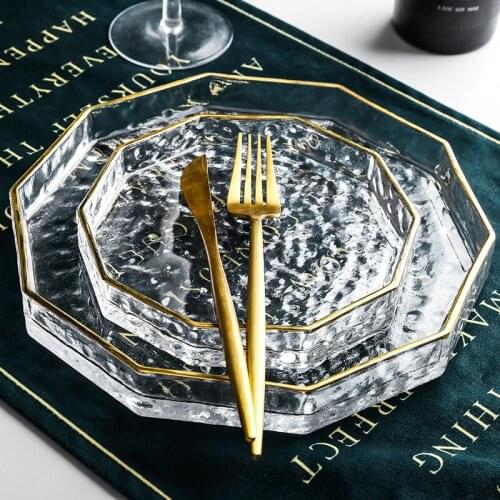 Creative Lead-free Gold Edge Glass Plate European Style Simple Western Dish Tray Multilateral Fruit Plate