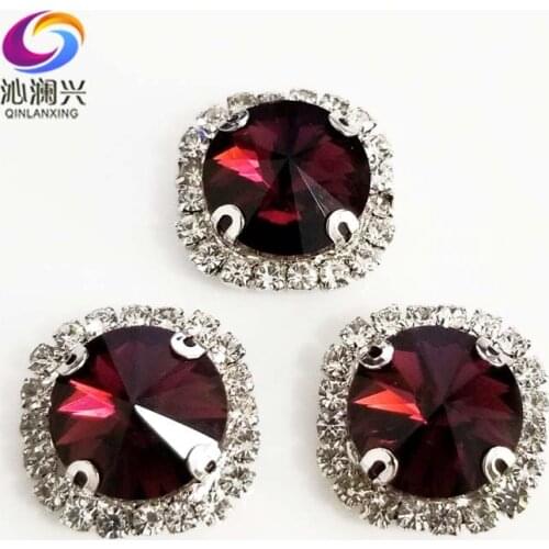 Round shape top glass crystal rhinestones with hole,Wine red Silver bottom sew on stone for Diy Clothing accessories SWWK18