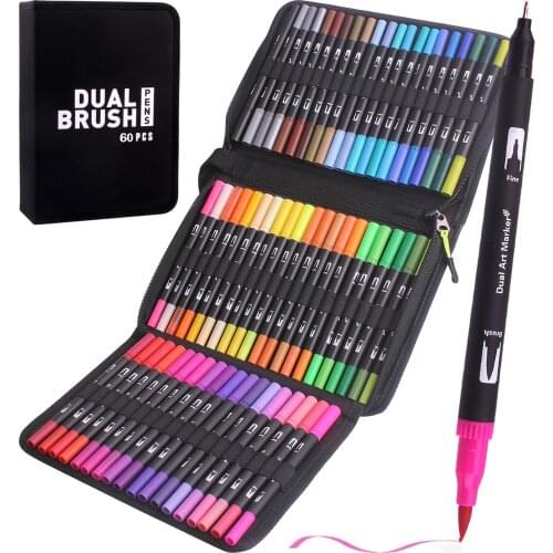 60 Color Dual Brush Art Markers Pen Fine Tip and Brush Pens Drawing Painting Watercolor Art Marker Pens School Supplies