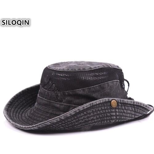 SILOQIN Mens Cotton Bucket Hat Summer Ventilation Fishing Cap WindproofRope Fixed Mesh Breathable Visor Panamanian Dads Hats