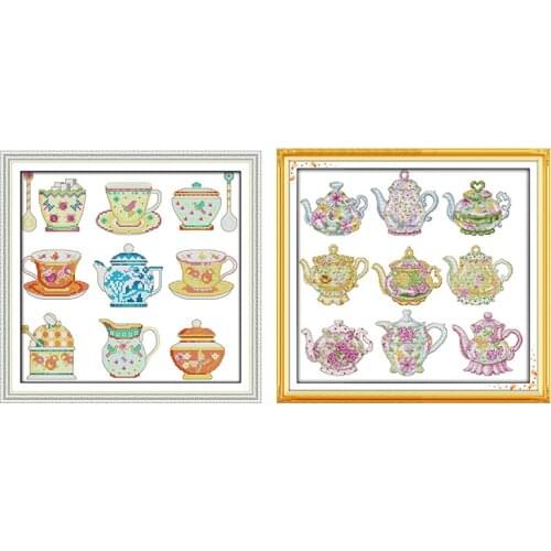 Teapot and Cup Pattern Cross Stitch Kit DMC Cross Stitch 14ct 11ct Canvas Embroidery Needlework DIY Embroidery Home Decoration