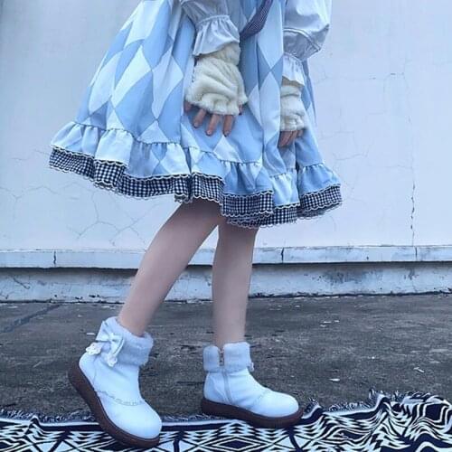 New 2020 Winter Pink Lolita Shoes Women Boots Ankle Boots Mid Heels 3.5cm Kawaii Lolita Shoes Platform Bow Lolita Boots