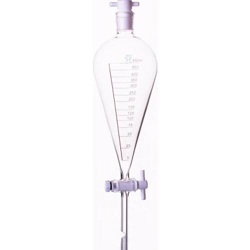 Separatory funnel pear shape,with ground-in PTFE stopper 24/29 and stopcock,With tick marks,Capacity 500ml,PTFE switch valve