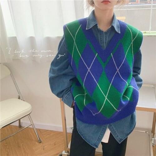 Casual Loose Sweater Vest Women 2021 Korean Style Preppy Argyle V Neck Sleeveless Pullover Knitted Tank Tops Waistcoat T672