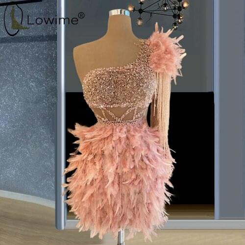 Pink Feathers Luxury One Shoulder Short Party Dresses Sparkly Female Women Night Beading Prom Cocktail Gowns 2021