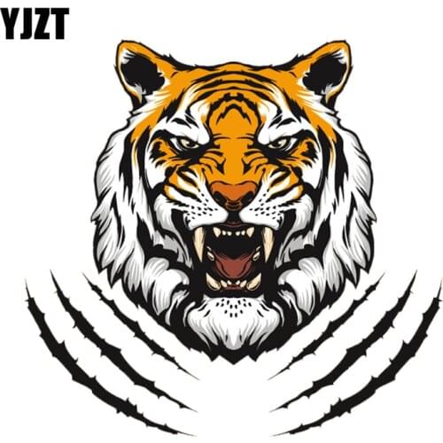 YJZT 15.2CM*14.4CM Fierce Tiger Head Paw Print PVC Motorcycle Car Sticker 11-00593