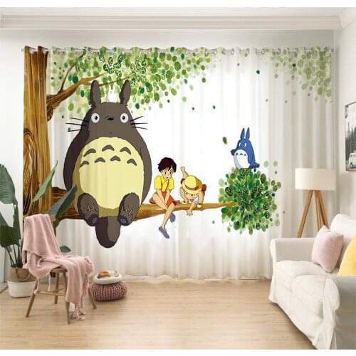 Cartoon Totoro Voile Curtains for Boys Girls Kids Bedroom Cute Totoro Sitting on Trees 3D Printed Screen Drapes for Kindergarten