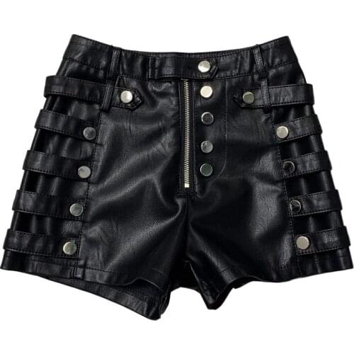 2020 fashion rivets faux leather shorts women autumn winter high waist wide leg bottoming pu shorts