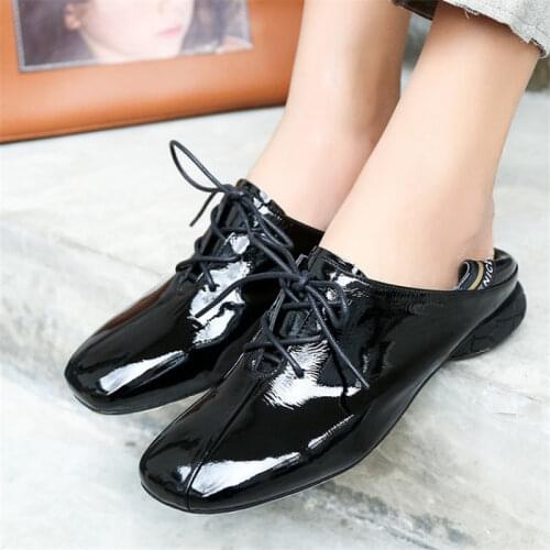2021 Spring New Women Shoes Patent Leather Round Toe Lace-Up Low-heel All-match Deep Mouth Single Shoes Size 34-41 Item No.963-2