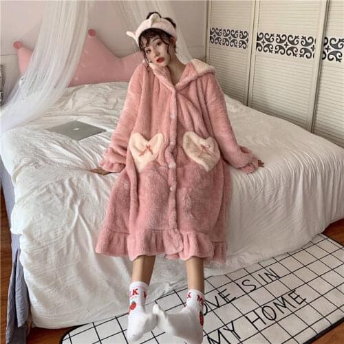 Herstory Women Winter Thick Coral Velvet Kawaii Rabbit Ears Nightgowns Pocket Homewear Fashion Femme Sleepshirts Nightdress