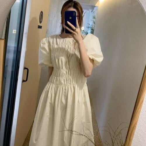 2021 New Chic Summer Dress Women Cotton Bubble Sleeve Round Neck Pleated Dress for Women French Mid-length Dresses Vestido 13997