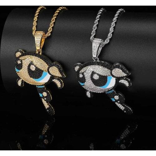 Powerpuff Girls Cartoon Character Bubbles Iced Out CZ Pendant Mens Silver Necklace Hip Hop Jewelry with Cubic Zircon